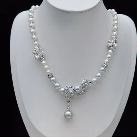 X483 Handmade Akoya Sea Pearl Freshwater Baroque Pearl Necklace